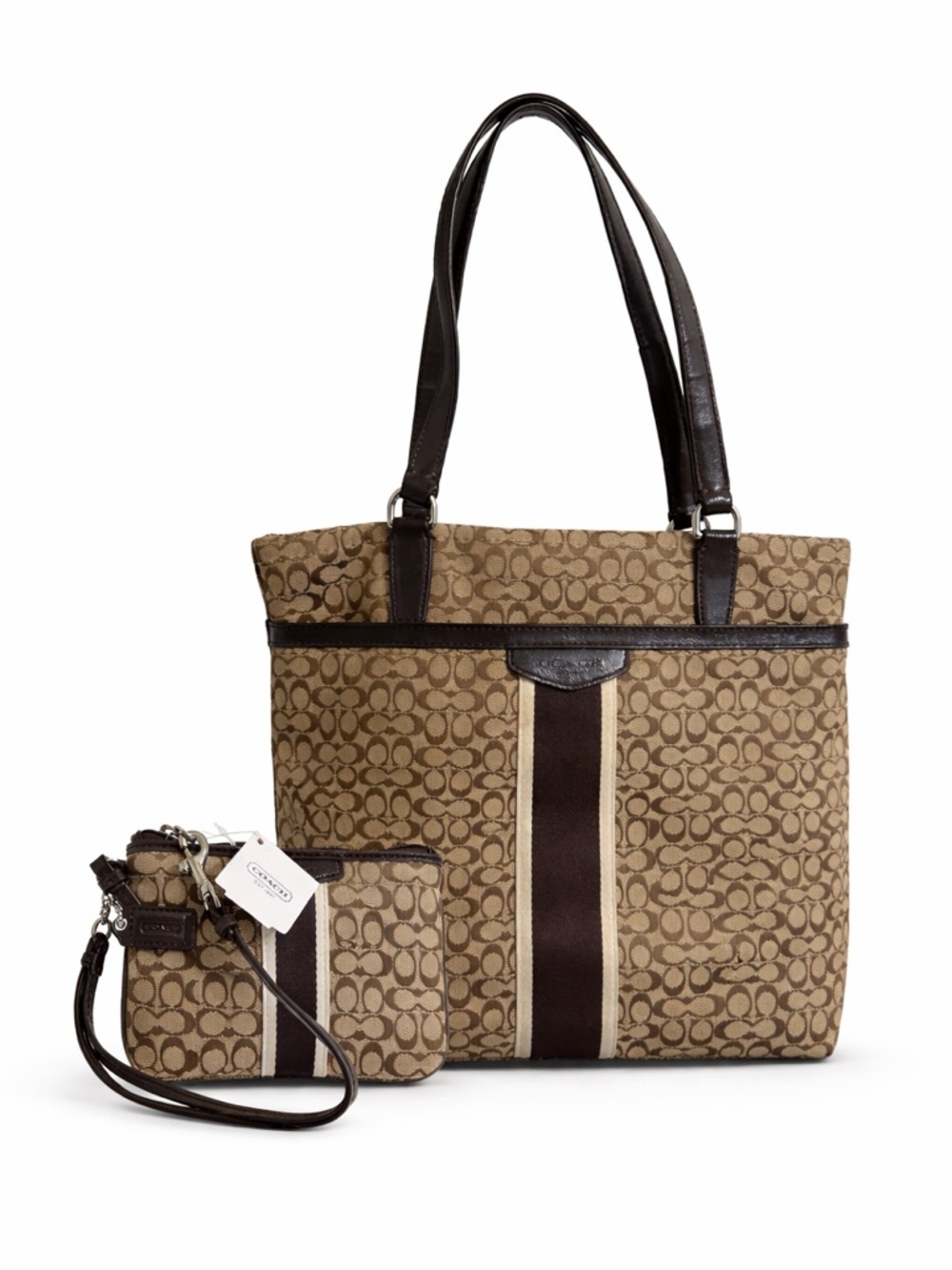 Coach Tan Signature racing stripe Tote with Wristlet